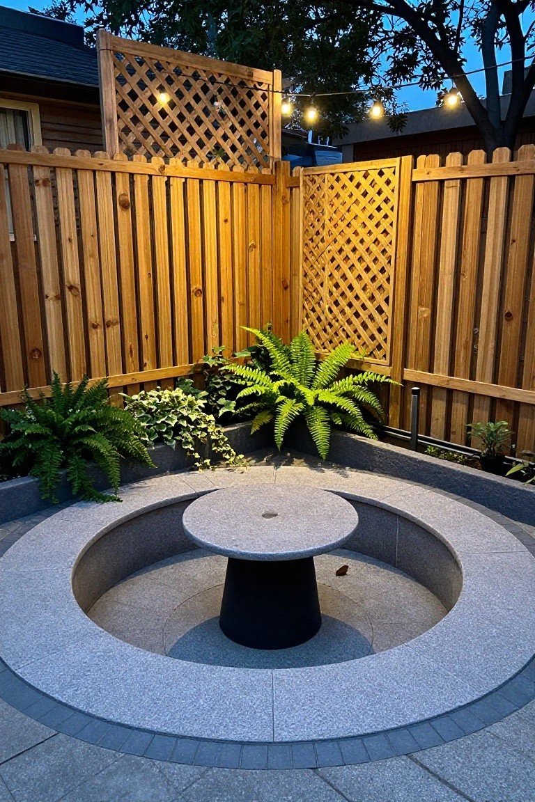Wooden privacy fence with vertical boards and diamond-pattern lattice panels enclosing a circular concrete seating area with ferns and string lights.