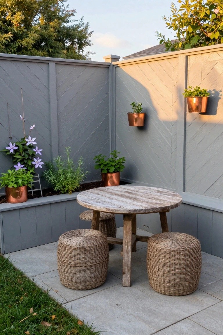 A gray wooden fence with chevron pattern encloses a paved patio area with a round wooden table, woven stools, and copper planters holding green plants.