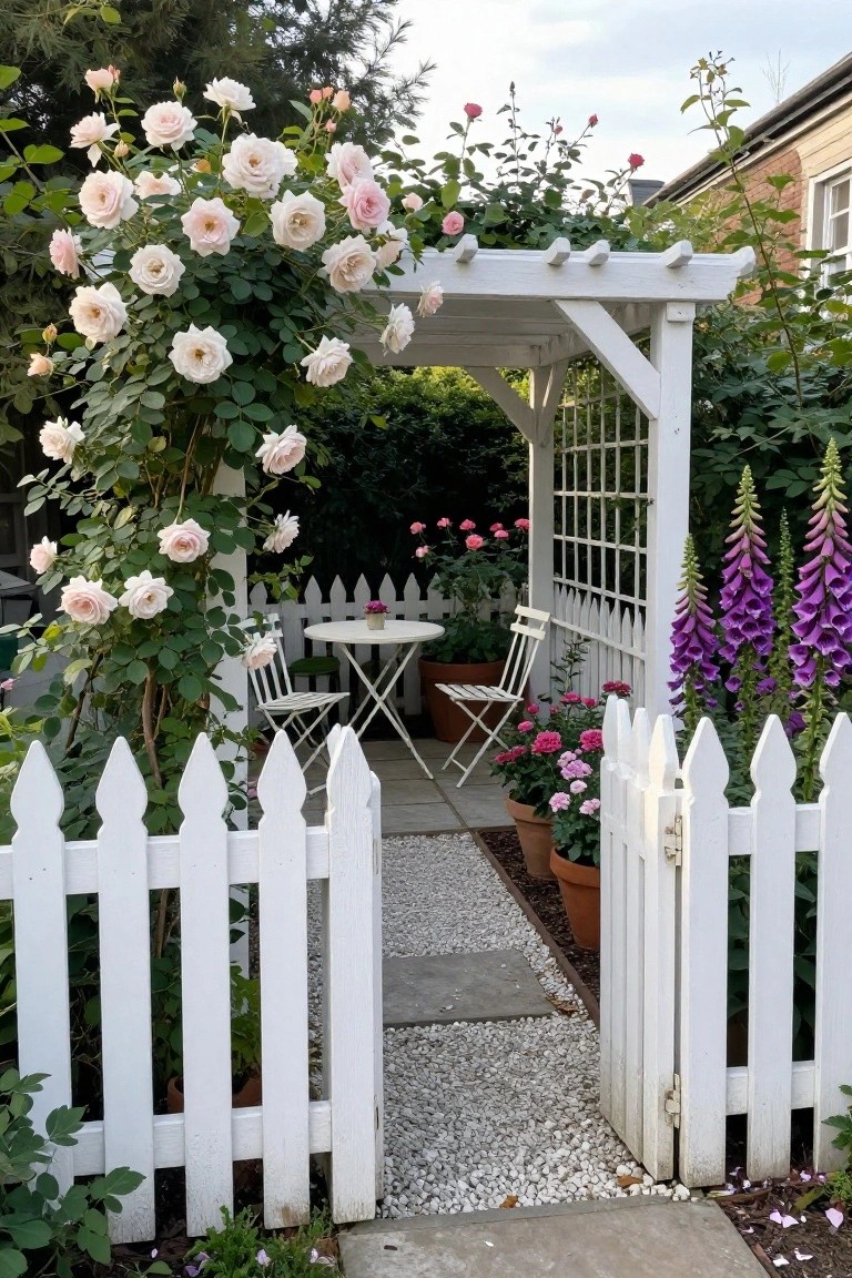 A white wooden picket fence with an open gate and an arbor covered in pale pink roses frames a gravel garden path leading to a small seating area.