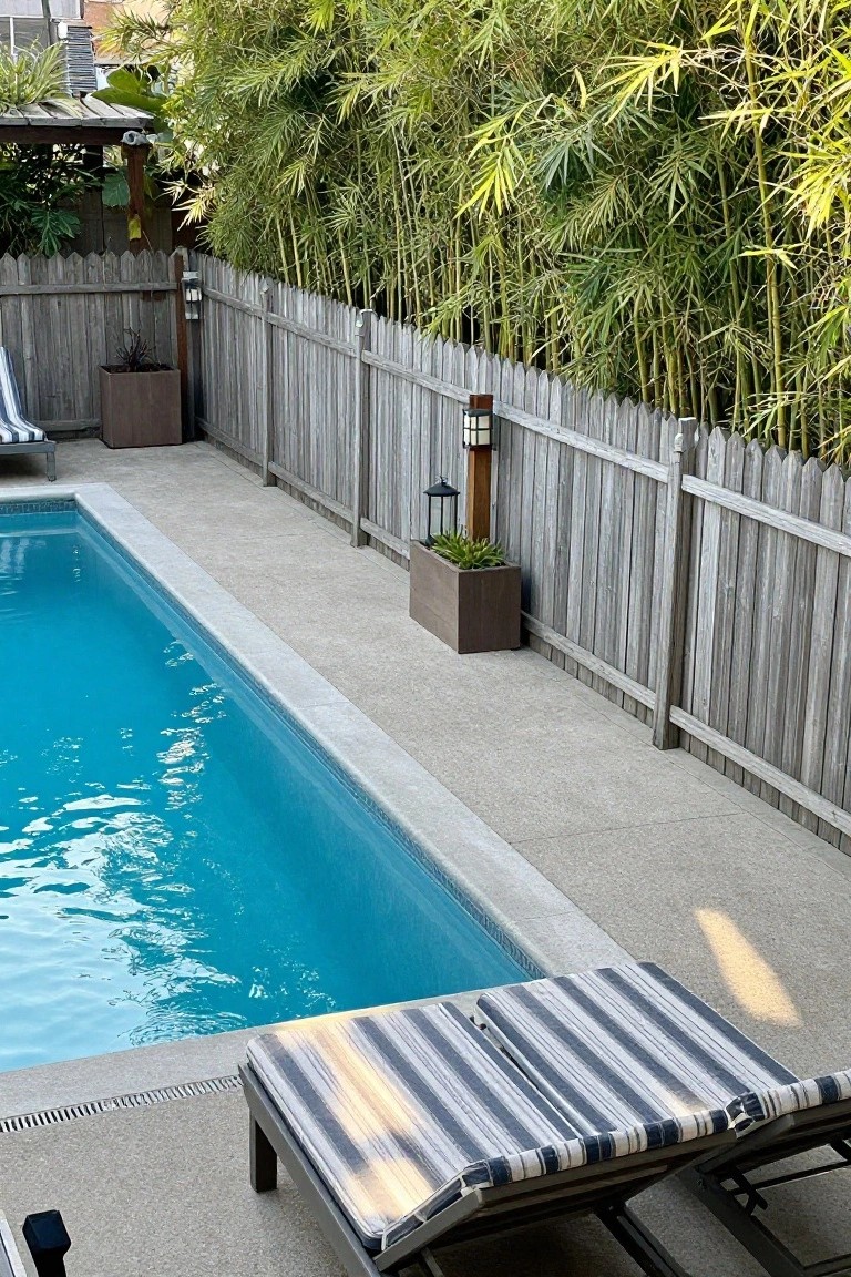 A long rectangular swimming pool next to a gray wooden fence with vertical boards, a planter box, and bamboo growing behind it, with two striped lounge chairs in the foreground.
