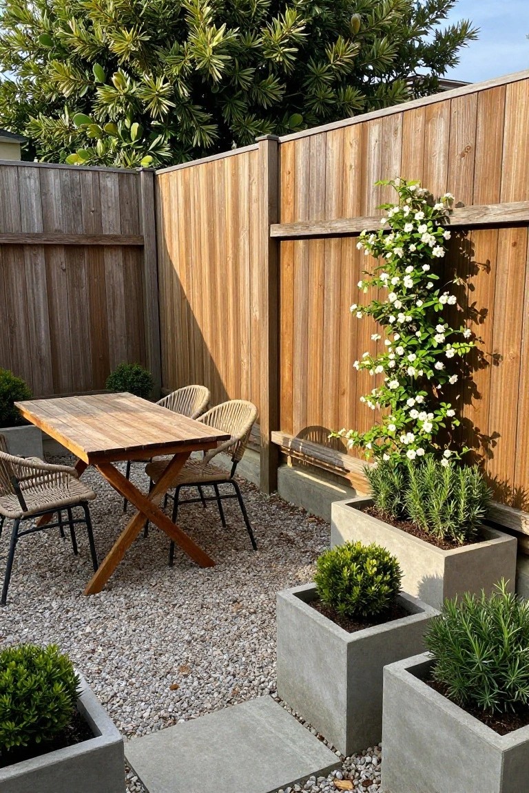 A vertical wood fence with several concrete planters holding shrubs and a white flowering climber, set against a gravel patio with a wooden table and woven chairs.