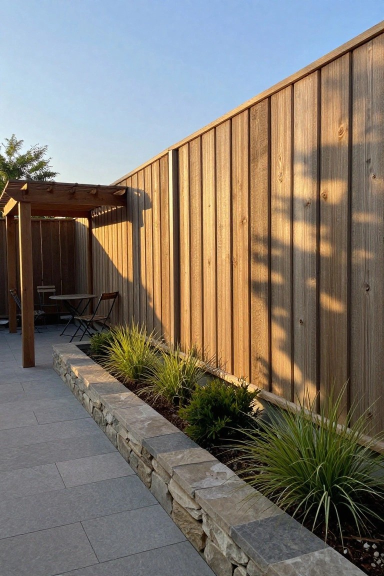 A tall vertical wood fence runs along a stone-edged garden bed with tall grasses next to a paved patio and pergola.