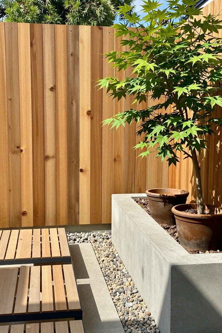 A vertical wooden fence borders a backyard area with a concrete planter holding two terracotta pots, gravel ground cover, and wooden slat seating in the foreground.