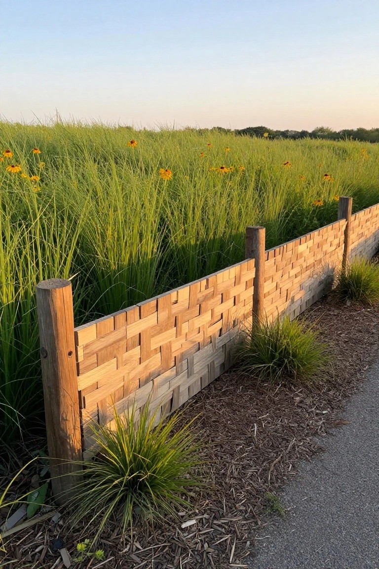 A woven wooden fence with vertical posts runs along a mulched path next to tall grass and yellow flowers.