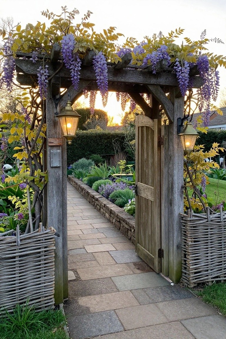 Rustic wooden gate open beneath blooming purple wisteria arbor with glowing lanterns