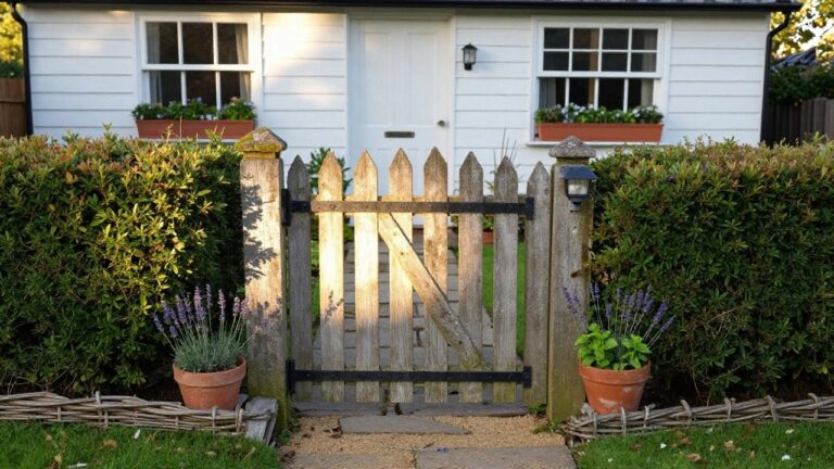 12 Charming Wooden Garden Gate Ideas for Inviting Outdoor Pathways Rustic wooden picket gate with potted lavender between white pillars at sunset