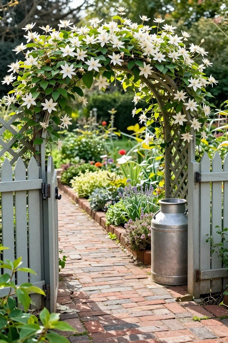 A white wooden picket gate with an arched trellis covered in white flowers stands open over a red brick garden path lined with flower beds and a metal milk can.