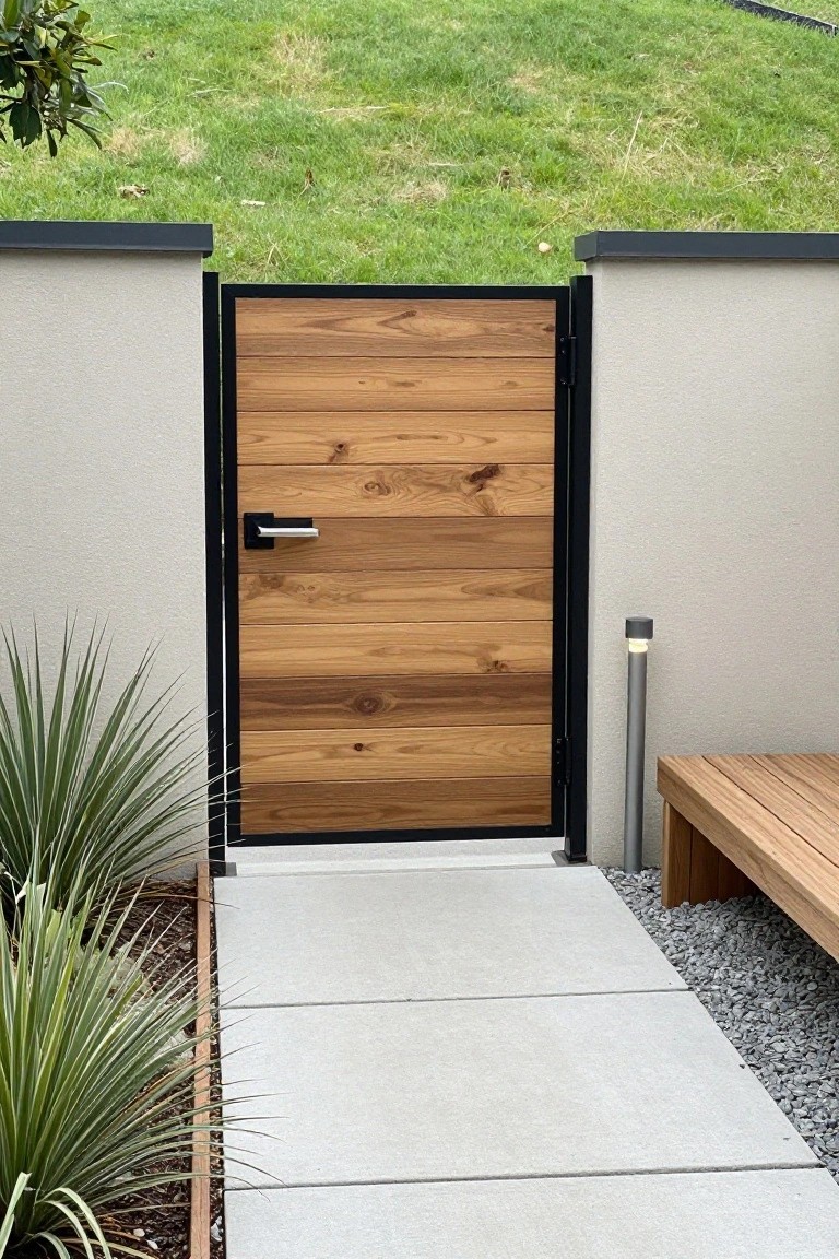 Modern wooden gate with horizontal planks in black frame along concrete path