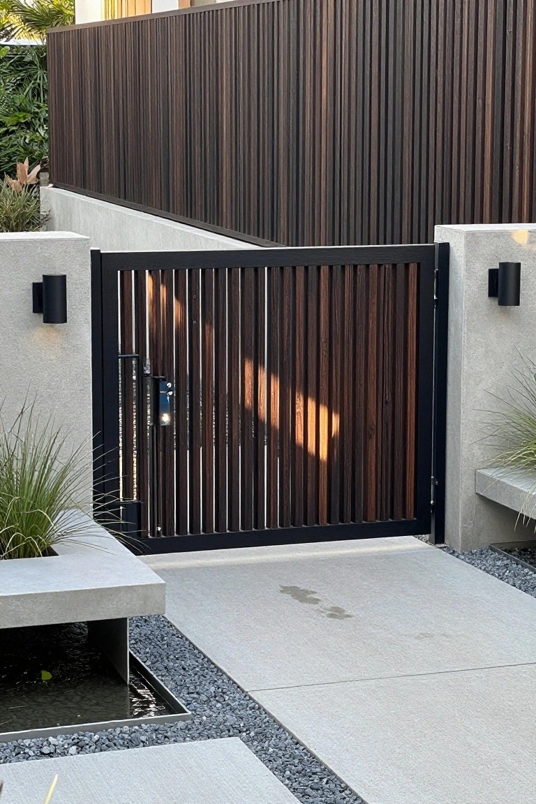 A wooden garden gate with vertical slats in a black frame, set between concrete pillars and matching a tall vertical wood fence behind it.
