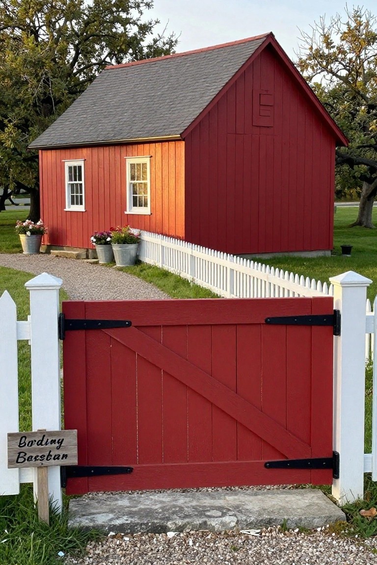 Red barn behind white picket fence with red gate and potted flowers