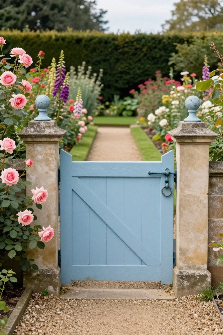 A light blue wooden garden gate between two stone pillars with pink roses on the left, a gravel path leading forward, and colorful flower borders on both sides.
