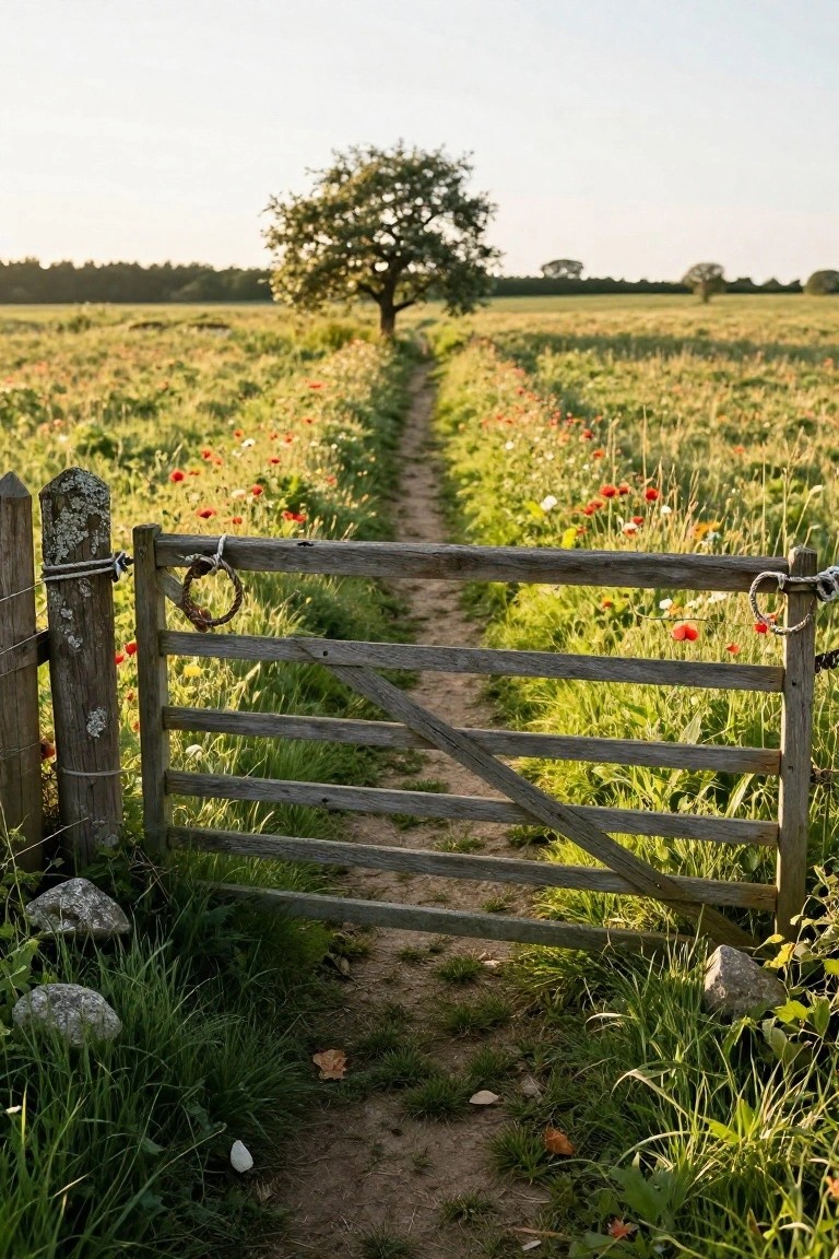 A weathered wooden gate with horizontal slats stands partially open at the edge of a narrow dirt path through a field of grass and red poppies, with a tree visible in the distance.