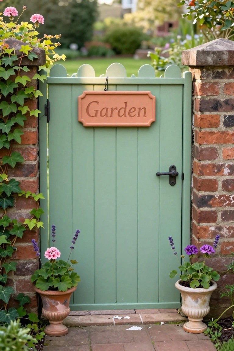 A light green wooden garden gate with a terracotta sign, positioned between brick pillars and flanked by potted plants on a brick path.