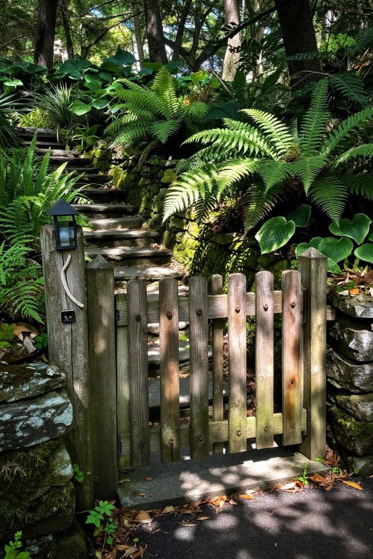 A wooden picket gate stands open at the bottom of mossy stone steps that lead upward through dense ferns and trees.