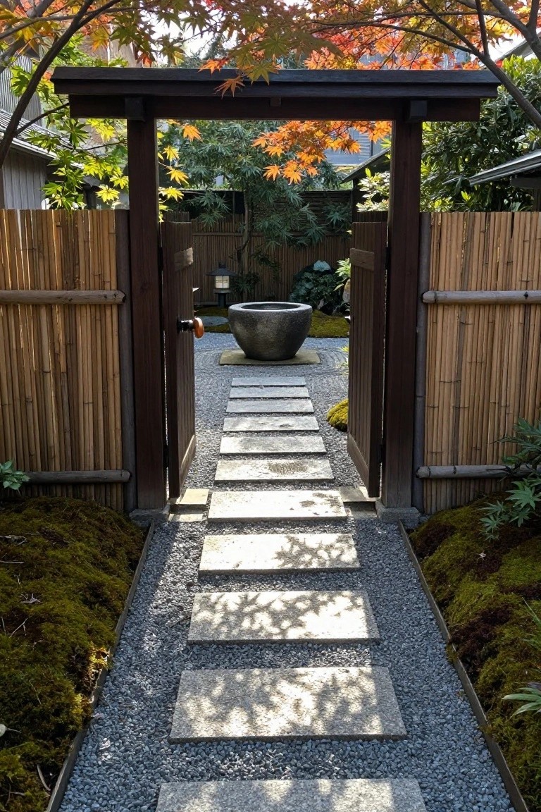 A wooden gate stands open to a straight path of rectangular stepping stones set into gravel, bordered by bamboo fences and trees with autumn leaves.