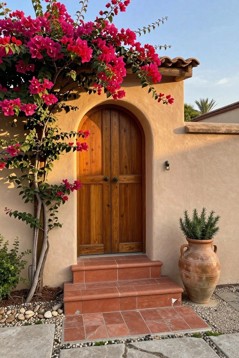 Wooden double doors inside a rounded stucco arch, with terracotta steps, bougainvillea vines overhead, and a clay pot to one side.