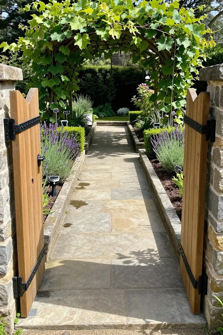 Open wooden gates frame a stone path under a leafy arbor lined with lavender.