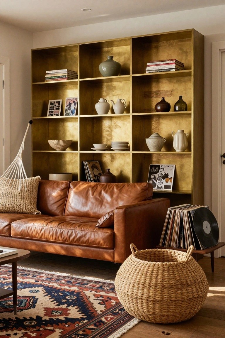 A living room featuring a brown leather sofa positioned in front of a large built-in shelving unit with a warm golden wood finish, displaying books, pottery, and framed pictures.