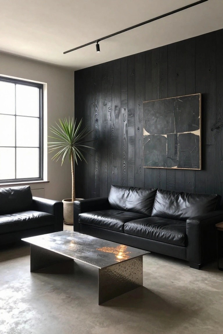 A living room featuring a dark vertical wood accent wall behind black leather sofas and a metal coffee table.