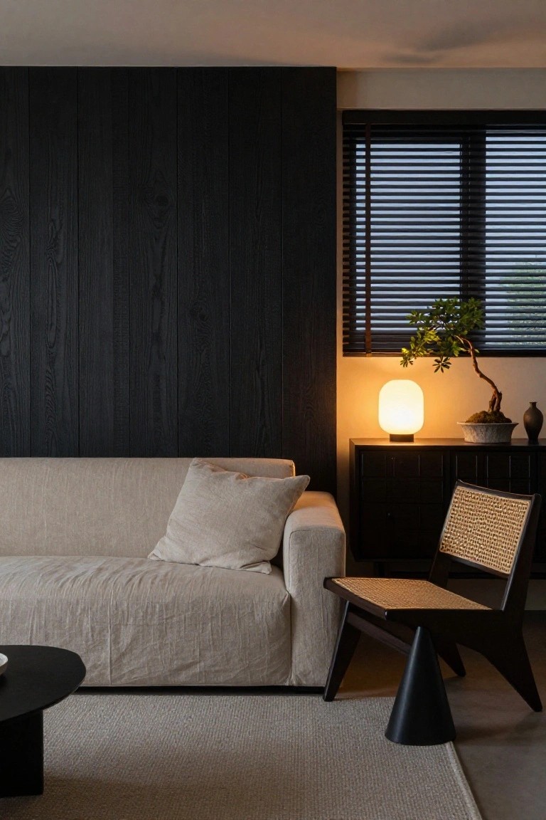 A living room featuring a dark vertical wood accent wall behind a light sofa, with a woven chair, side cabinet, and glowing lamp near a window with blinds.