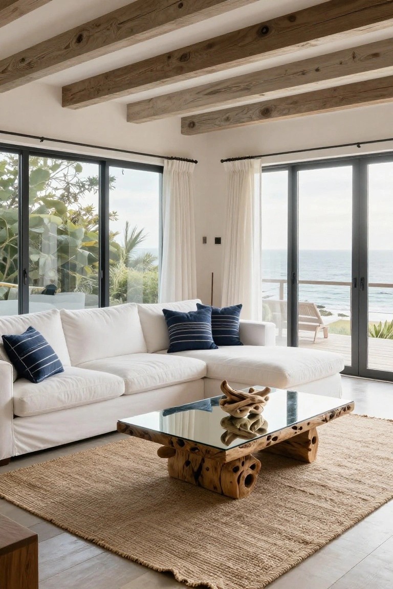 A bright living room with white sectional sofa, large glass doors to the ocean, wooden ceiling beams, and a rustic wood coffee table with glass top on a woven rug.