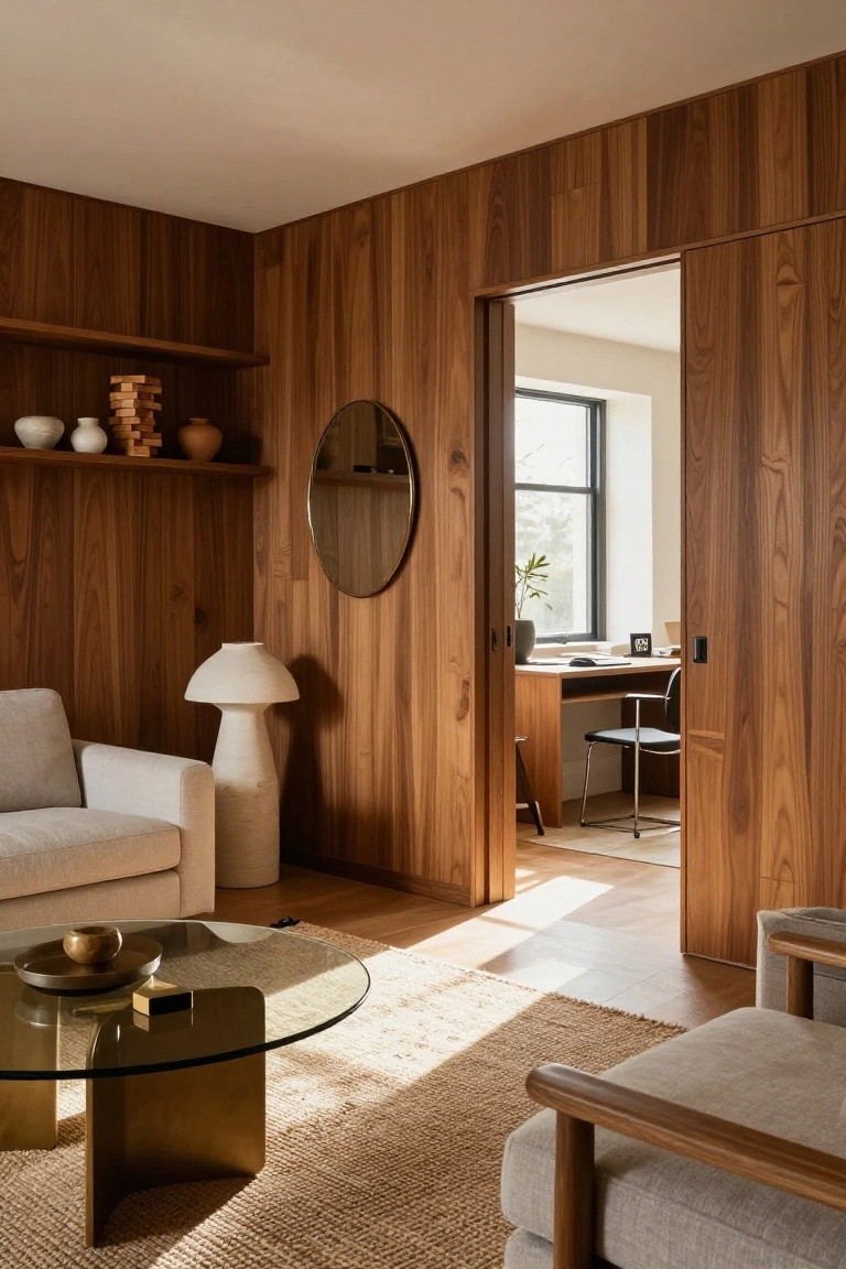 Modern living room with walnut paneling, beige sofa, glass table, round mirror, and open office.