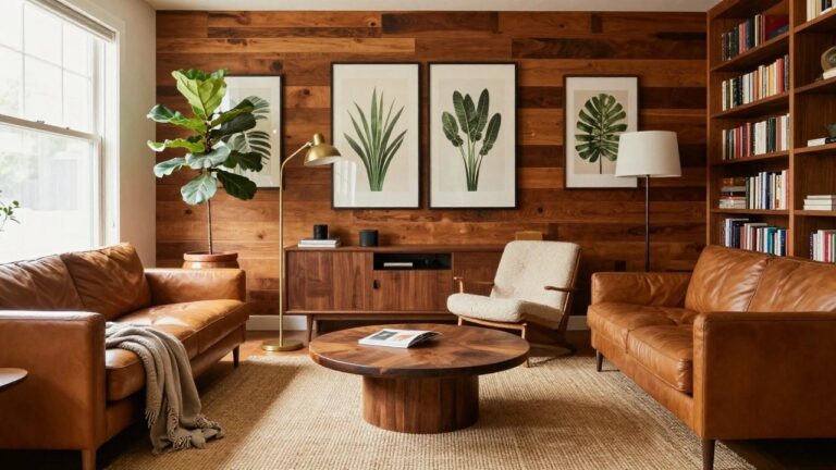 18 Cozy Wood Accent Wall Living Room Ideas Built Around Warm Natural Texture A living room with a brown leather sofa in front of a vertical wood accent wall, two framed botanical prints, a round wood coffee table, and an orange upholstered chair.