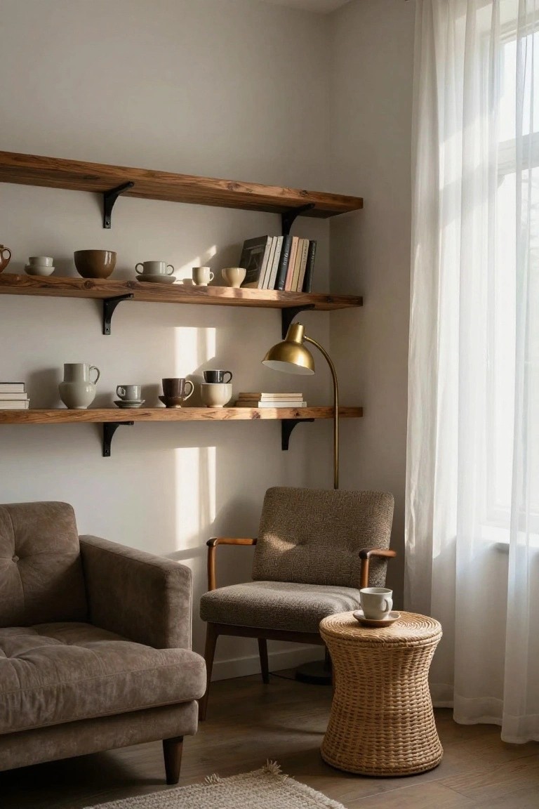 Living room corner with three wooden floating shelves holding ceramics, books, and a brass lamp beside a woven stool and two upholstered chairs.