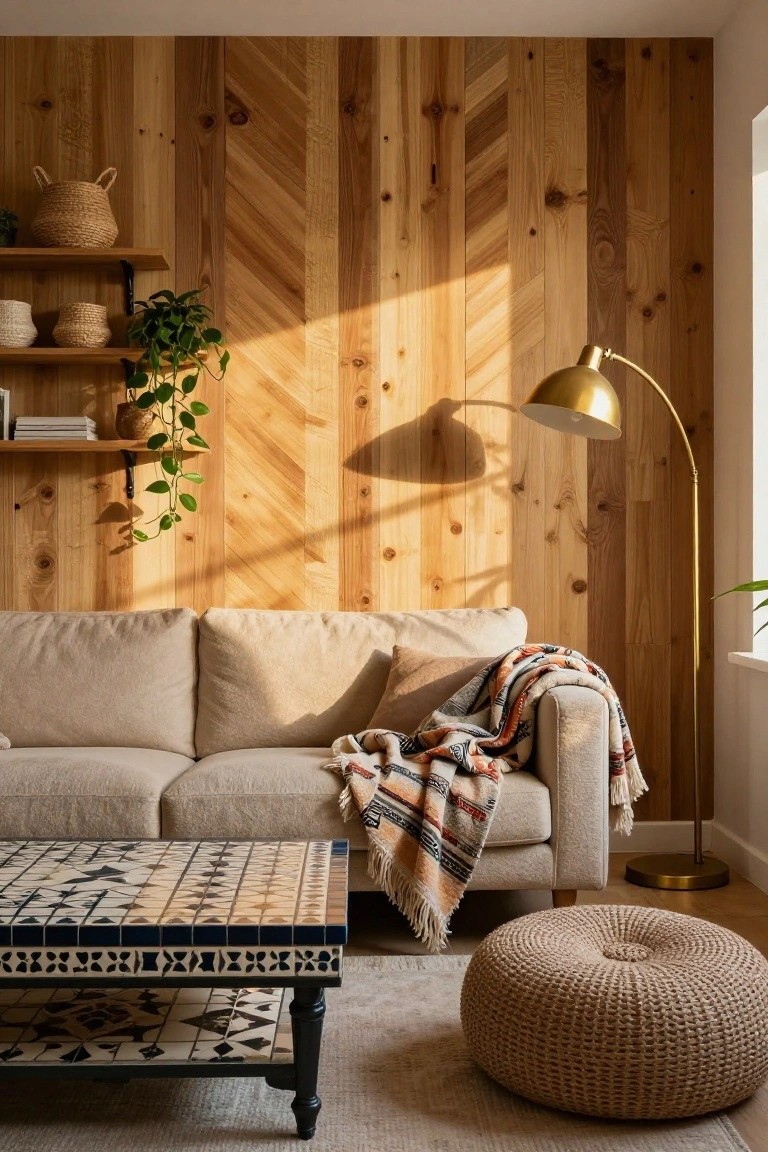 A living room featuring a herringbone wood accent wall behind a beige sofa, with a patterned throw, a tiled coffee table, a woven ottoman, and a brass floor lamp.