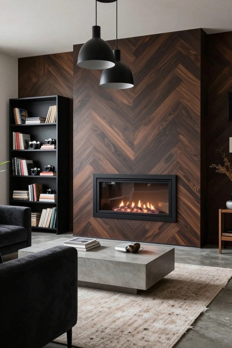 A living room with a dark herringbone wood accent wall, a built-in fireplace, black bookshelves on the left, and a concrete coffee table on a light rug.
