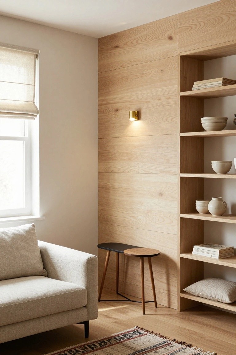 A living room corner with vertical light wood wall planks, built-in oak shelving, a beige sofa, and two small side tables.