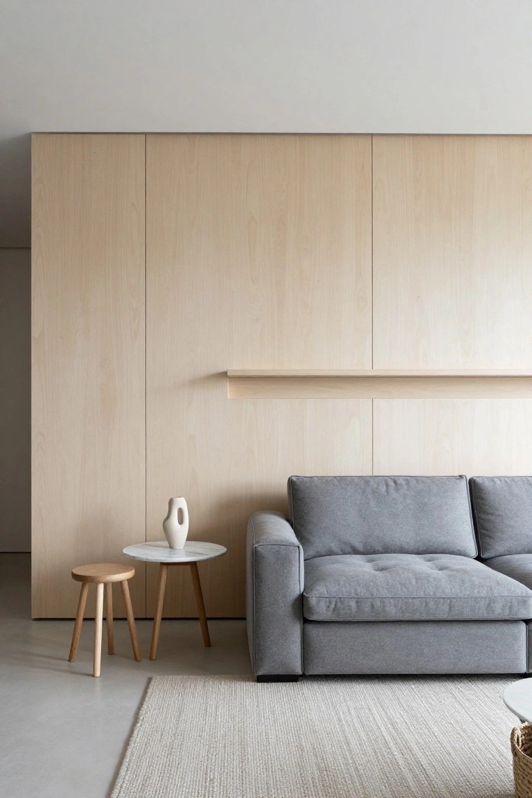 Living room interior showing a floor-to-ceiling light wood accent wall with a floating shelf, a gray sectional sofa in front, and a small marble-topped side table with a wooden stool nearby.