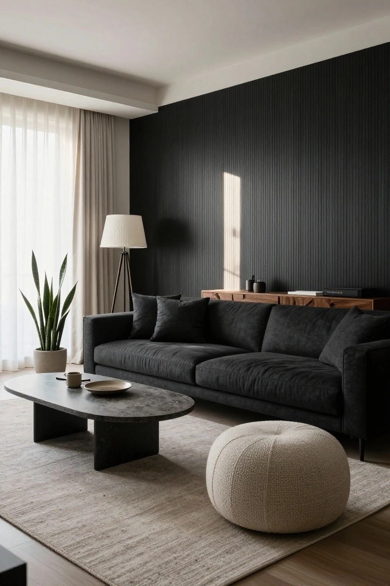 A living room with a dark vertically ribbed wood accent wall behind a dark gray sofa, a dark stone coffee table, and a beige bouclé ottoman on a light rug.