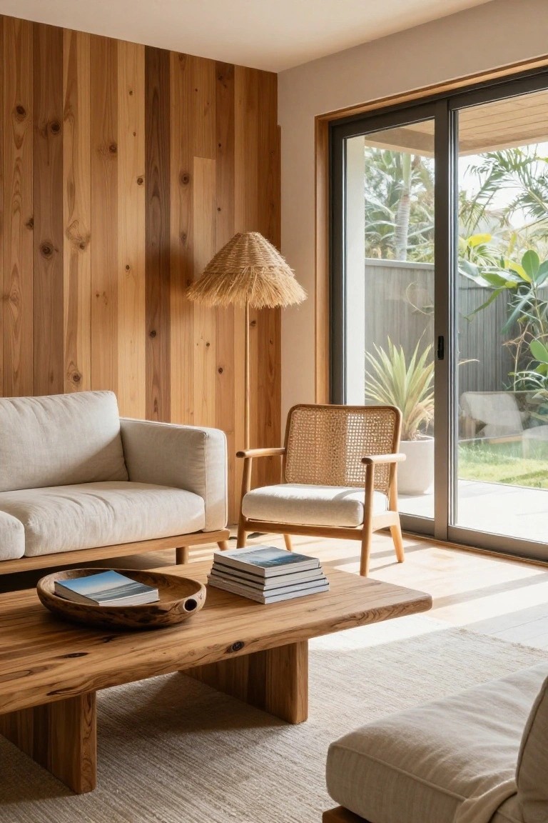 A living room featuring a vertical wood plank accent wall, a light sofa, a wooden coffee table with books, a woven armchair, and a floor lamp beside sliding glass doors.