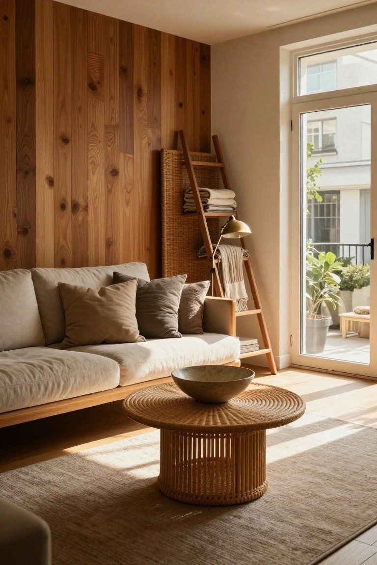 A living room featuring a vertical wood plank accent wall, a light sofa with neutral pillows, a round woven coffee table, and a wooden ladder leaning against the wall near a glass door.