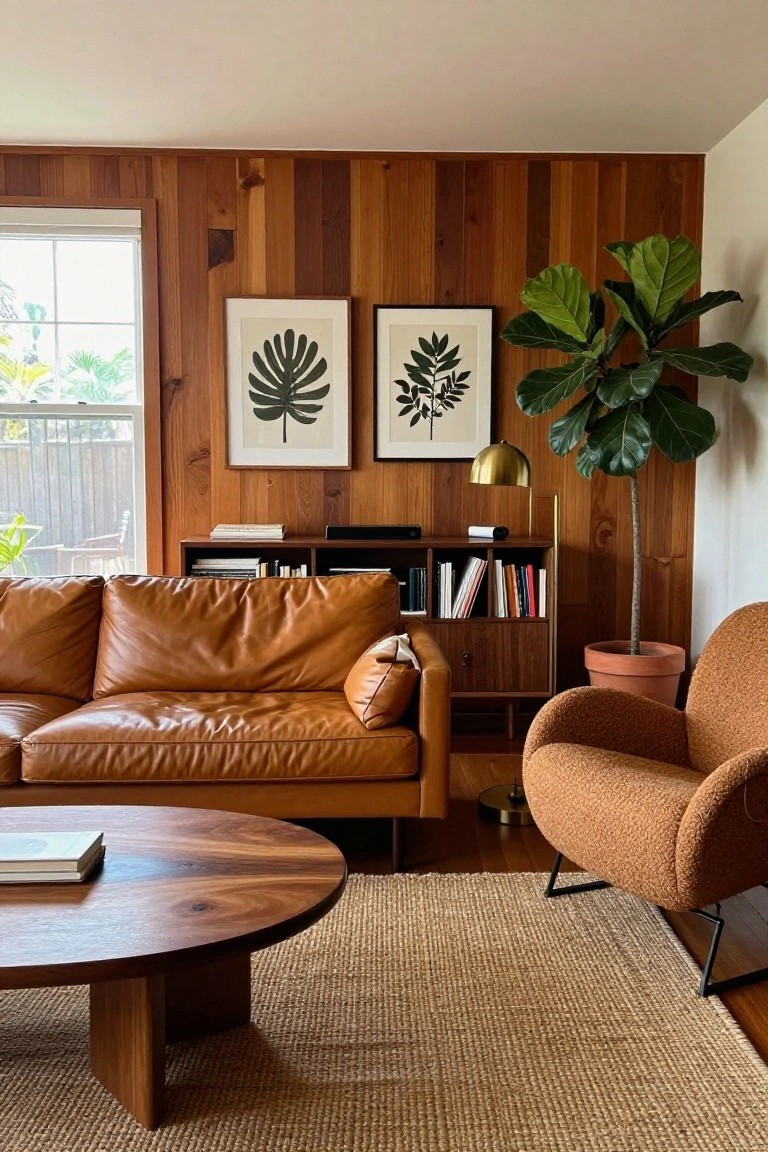 A living room with a brown leather sofa in front of a vertical wood accent wall, two framed botanical prints, a round wood coffee table, and an orange upholstered chair.