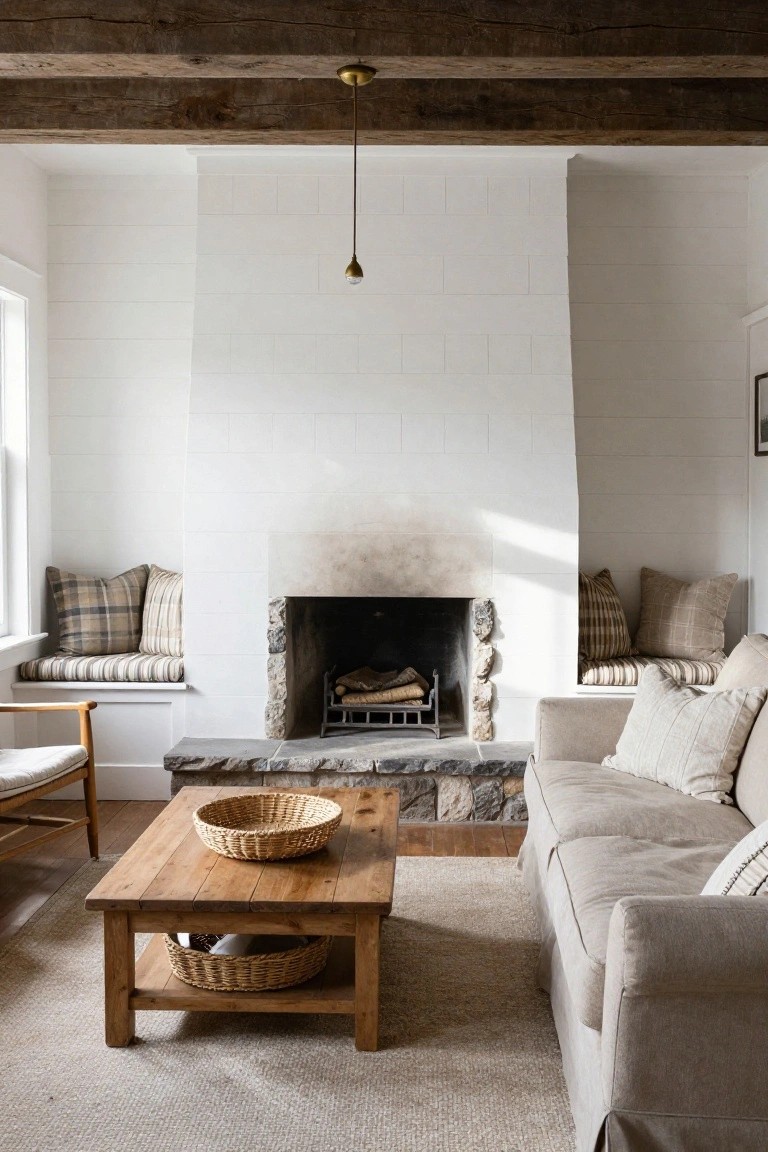 A bright living room with a large white fireplace, wooden coffee table holding woven baskets, beige sofa, and built-in window seats with plaid cushions.