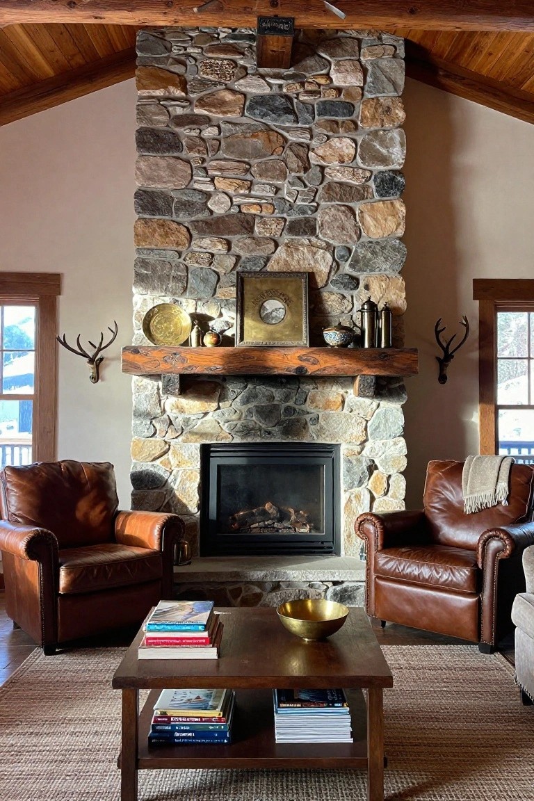 A living room with a tall stone fireplace, thick wooden mantel, black firebox, two brown leather armchairs, and a wooden coffee table on a woven rug.