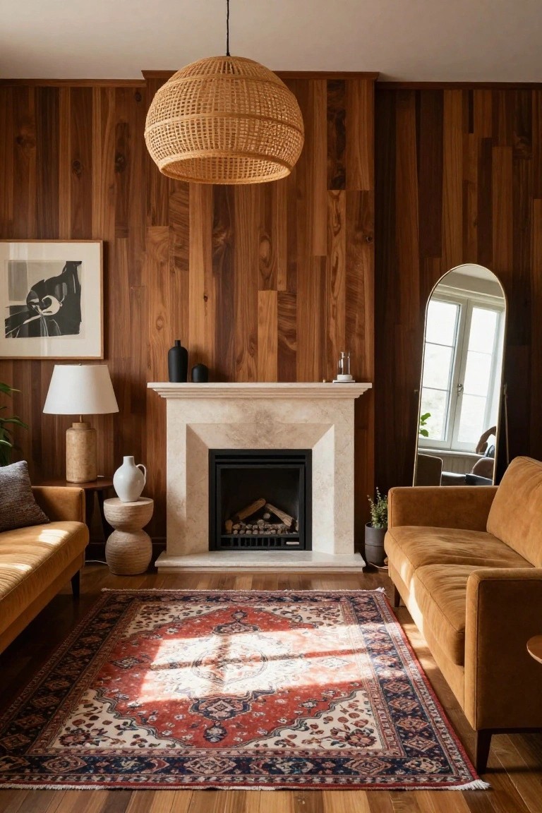 A living room featuring a full wood accent wall with a marble fireplace surround, a large woven pendant light, two brown sofas, and a red patterned rug on hardwood flooring.