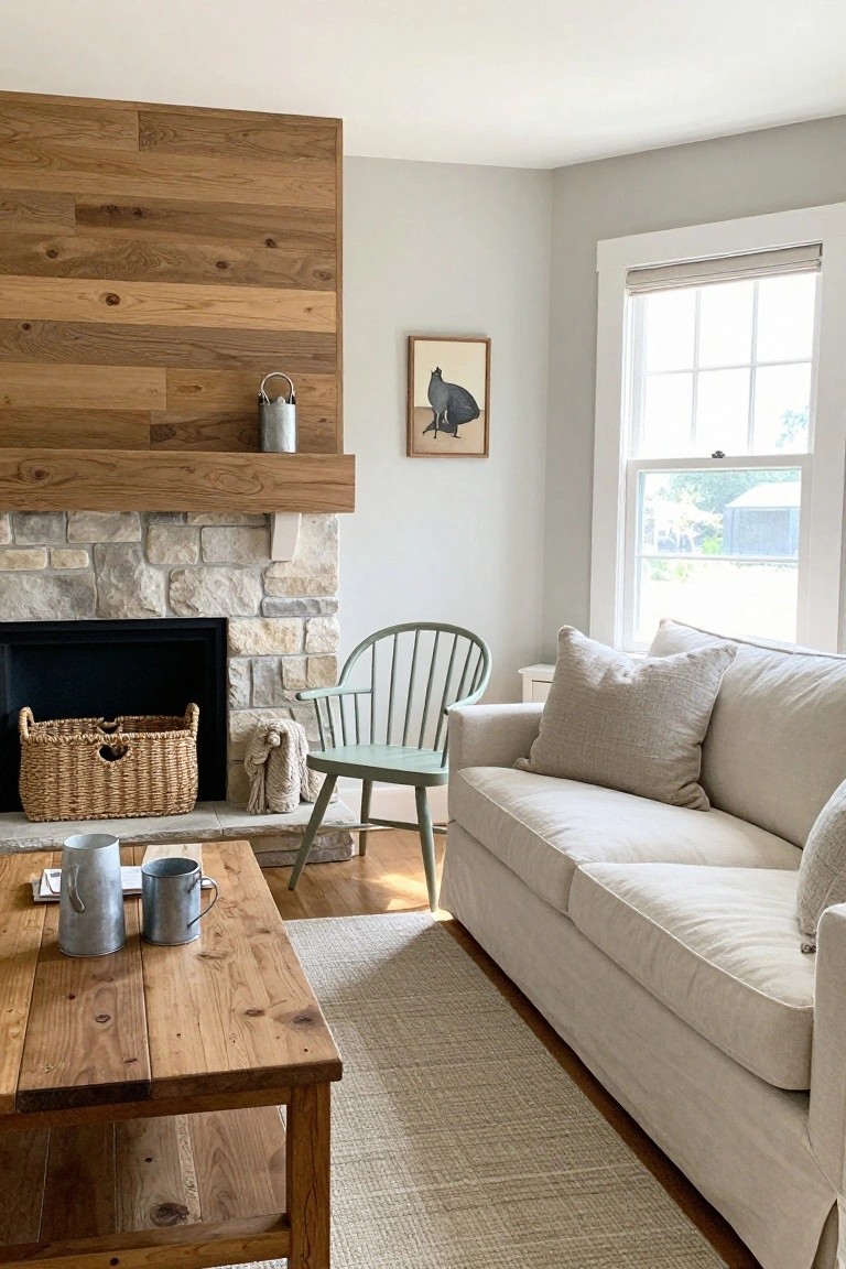 A living room with a horizontal wood plank accent wall above a stone fireplace, a light sofa, wooden coffee table, and green wooden chair on a woven rug.