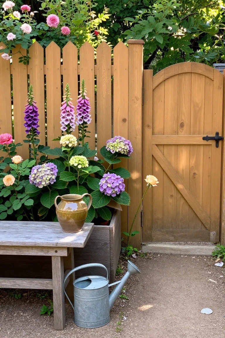 A wooden picket fence and arched gate next to flowering hydrangeas, foxgloves, and roses, with a wooden bench and metal watering can in front.