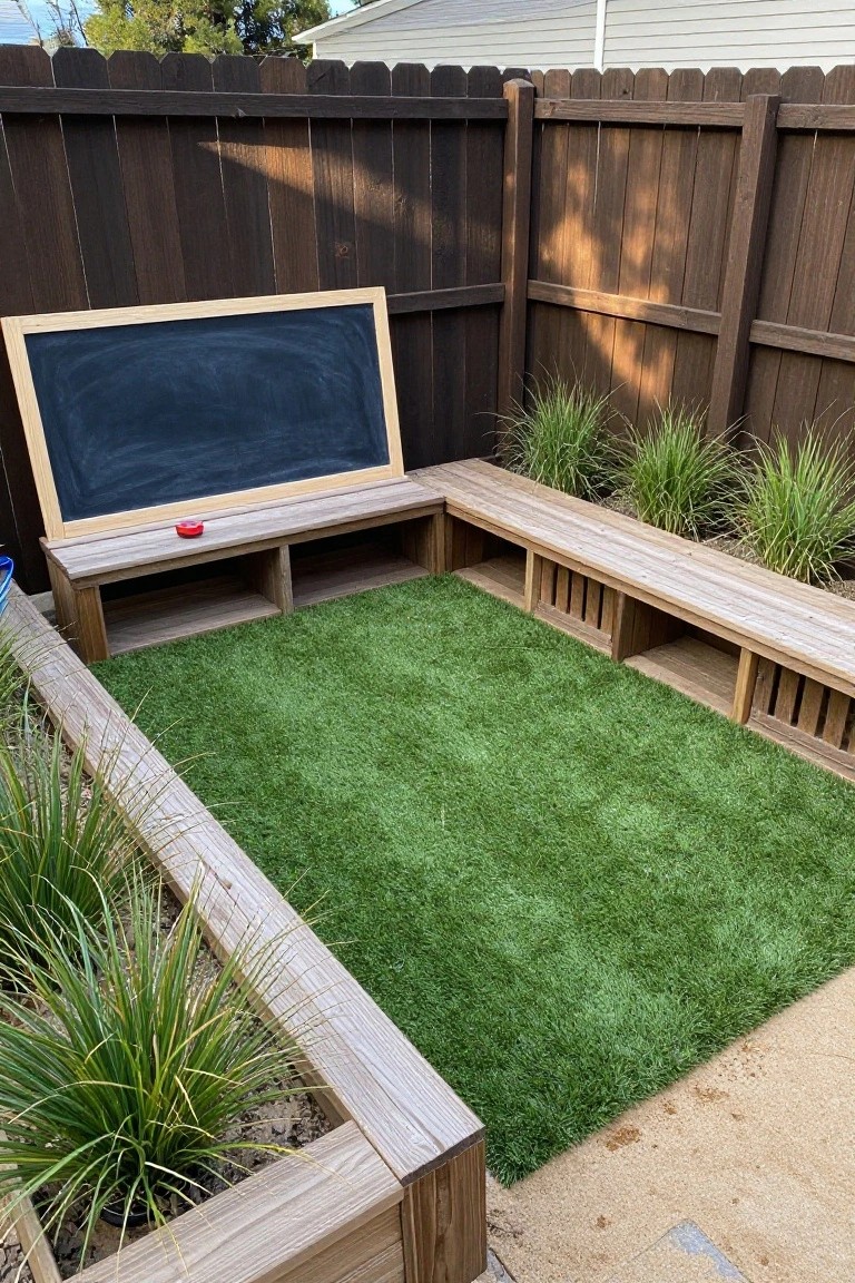 A backyard corner featuring a dark stained wood fence with L-shaped wooden benches that include storage cubbies, artificial turf, and a chalkboard resting on one bench.