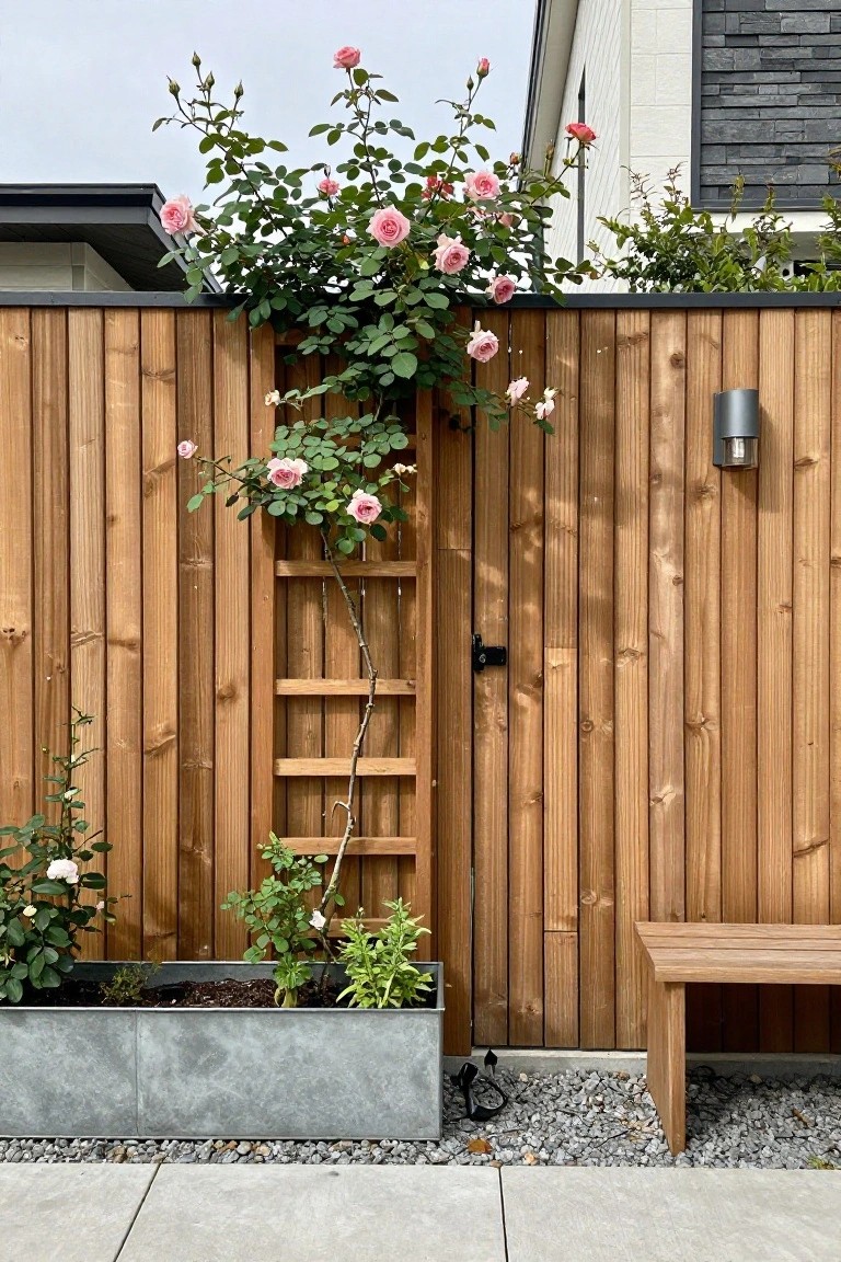 Pink roses climbing over wooden gate with metal planter and bench nearby