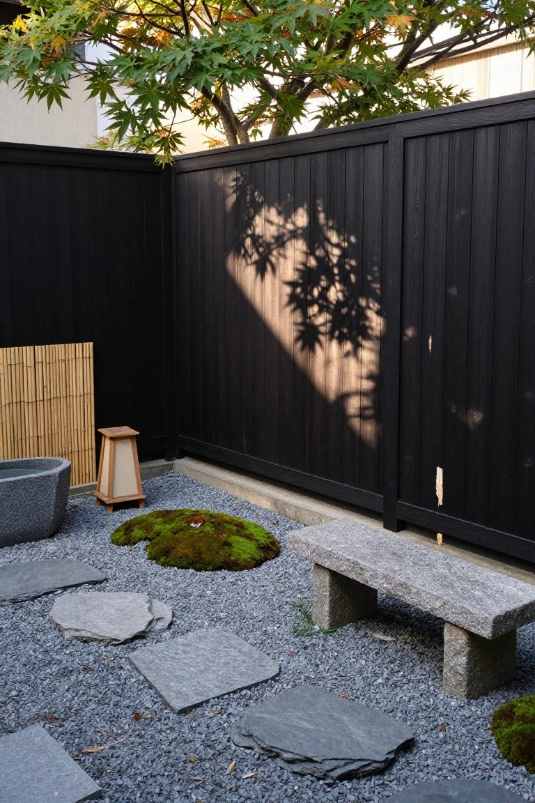 A corner of a gravel garden bordered by a dark stained wood fence, with moss mounds, flat stepping stones, a stone bench, and a bamboo screen.