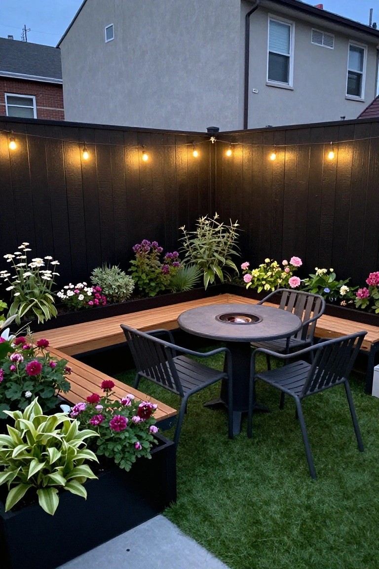 Backyard corner with a dark stained wood fence, built-in wooden benches, black planters with flowers, a round fire pit table, and string lights overhead.