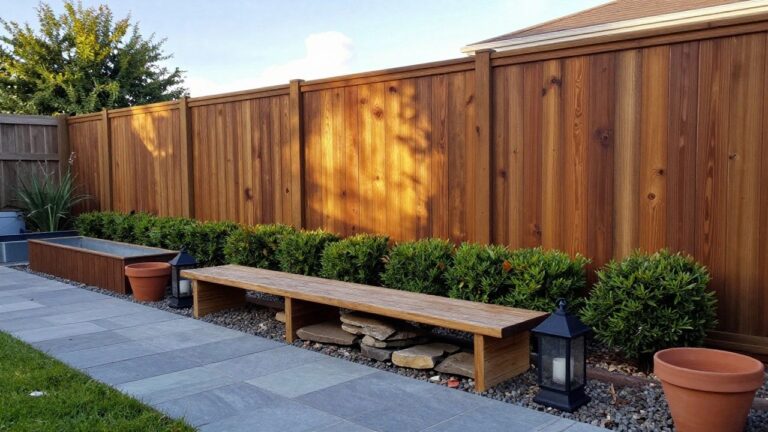 Wooden bench on stone patio beside green bushes and tall fence