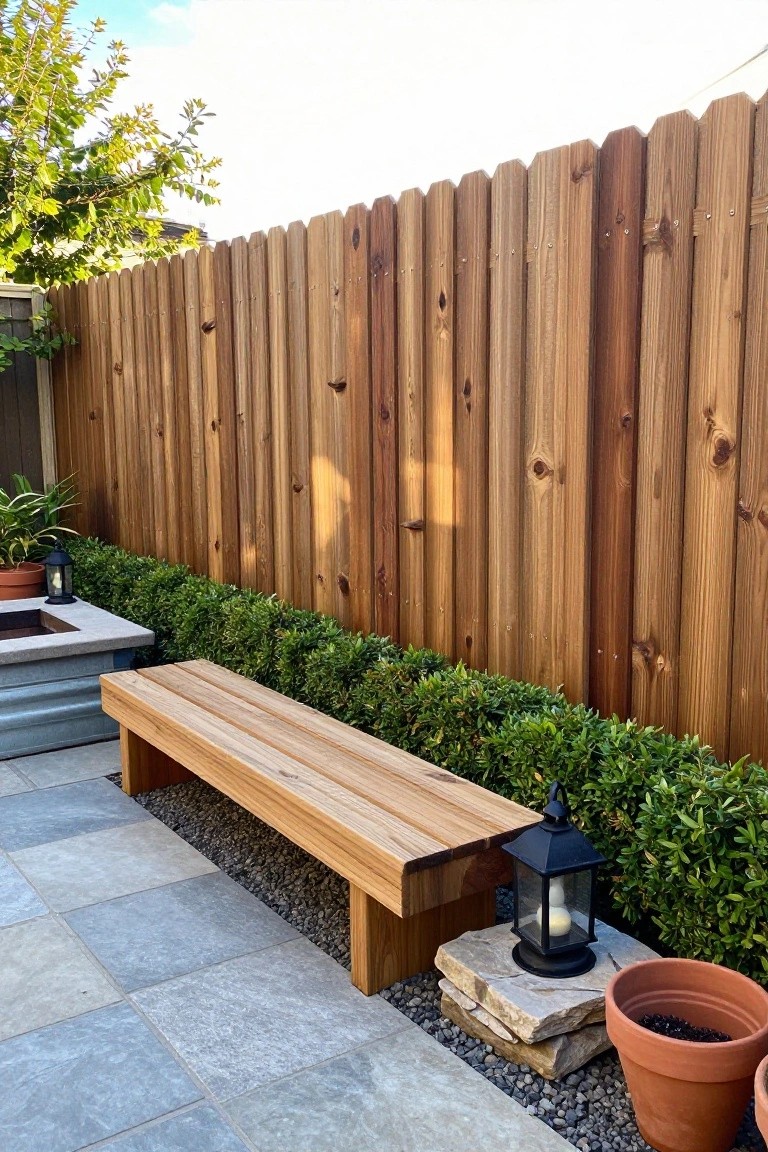 Wooden bench on stone patio beside green bushes and tall fence