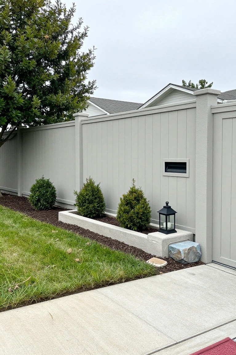 A light gray fence runs beside a concrete raised planter filled with small evergreen shrubs, a black lantern, and mulch, next to a lawn and sidewalk.