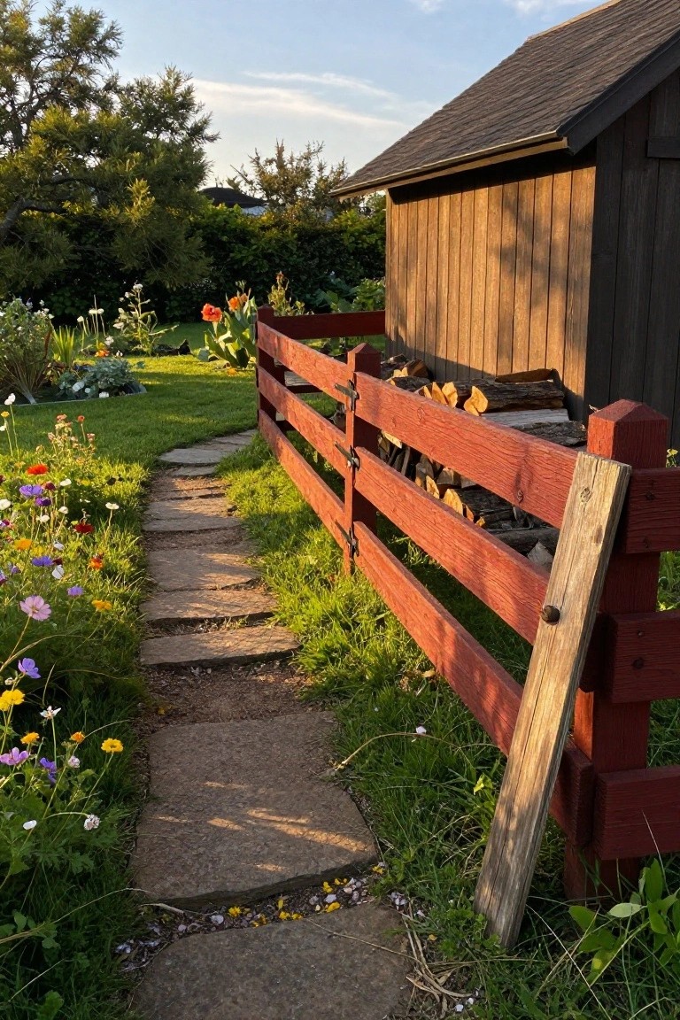 Red wooden fence borders a stone path by a shed with stacked firewood in a garden.