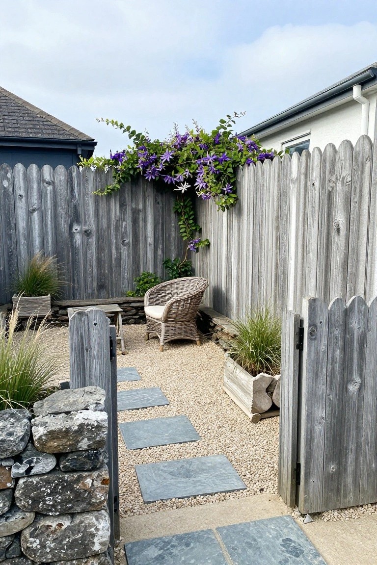Cozy gravel garden with stepping stones, wicker chair, purple blooms on wooden fence